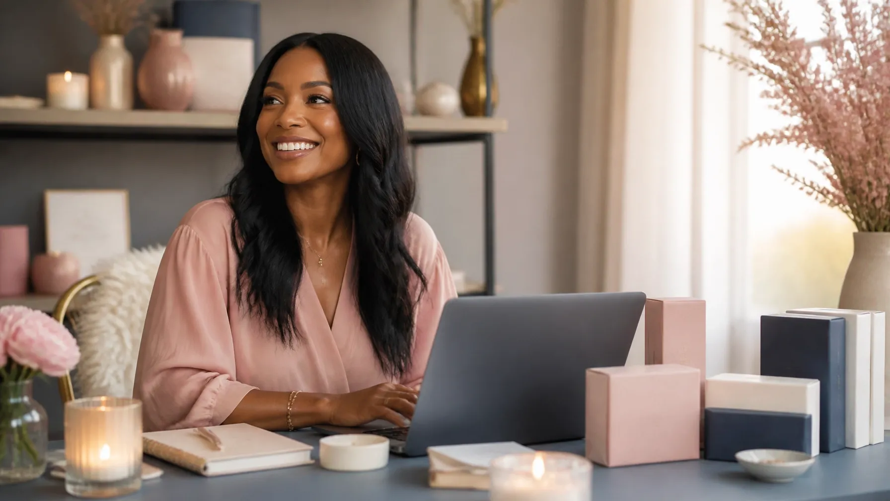 A woman entrepreneur working in a warm, softly lit studio